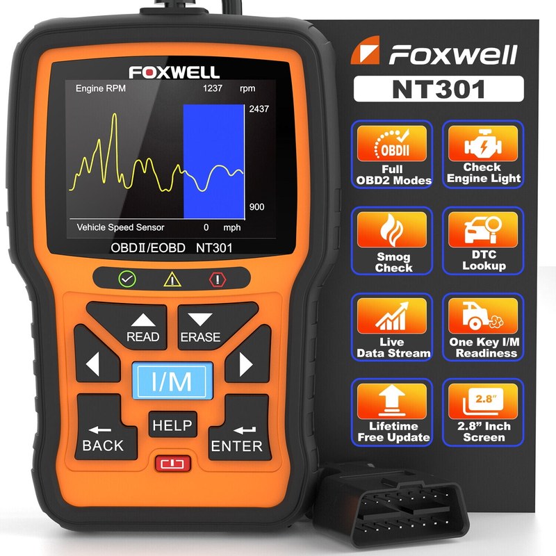 Foxwell NT301 OBD2 scanner connected to a car for emissions-related diagnostic checks