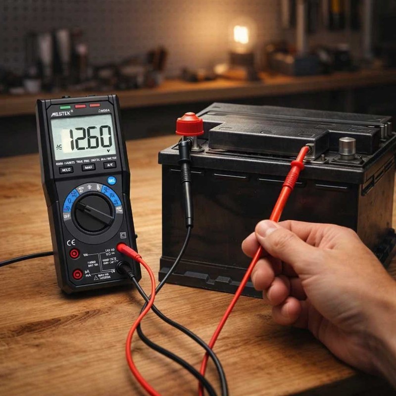 Hands measuring a car battery voltage with a multimeter during a safety check