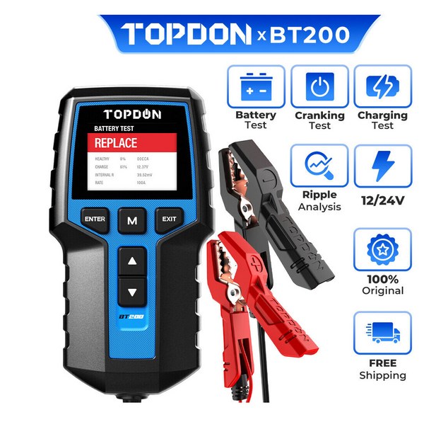 TOPDON BT200 battery tester connected to a vehicle battery during electrical diagnosis