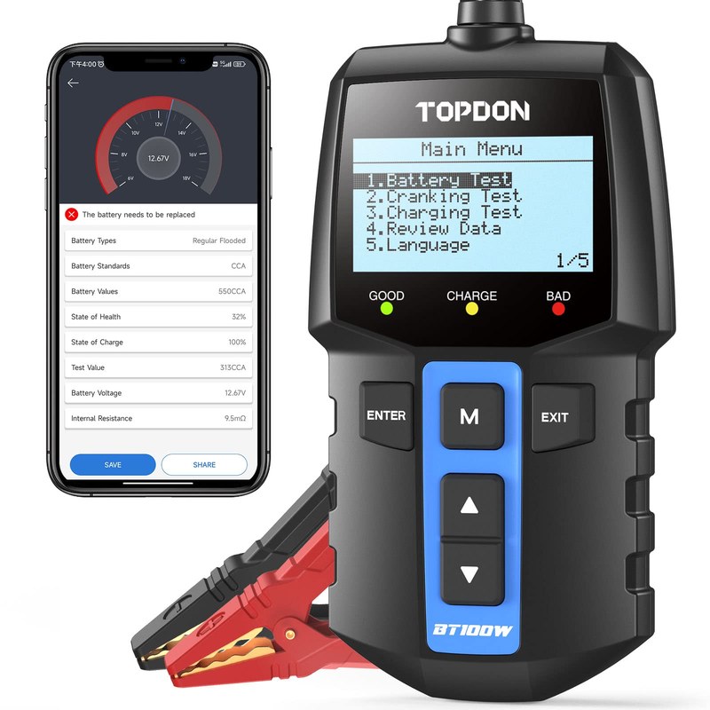 Hands connecting a TOPDON battery tester to a car battery with safety steps shown