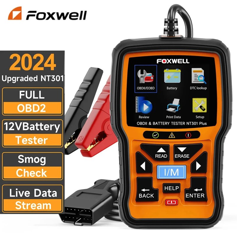 FOXWELL NT301 handheld OBD2 scanner connected to a car dashboard diagnostic port