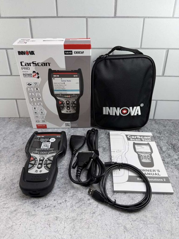 Innova 5610 diagnostic scanner with screen and buttons, highlighting included features and ownership costs