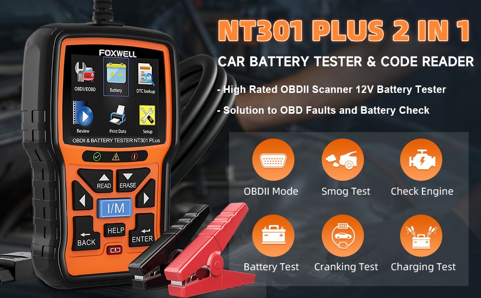 Foxwell NT301 scan tool connected to a car OBD2 port, showing a connection troubleshooting setup