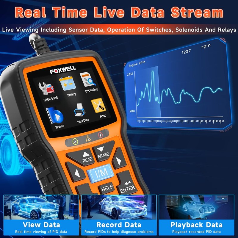 Foxwell NT301 scanner connected to an OBD2 port, showing vehicle compatibility and coverage