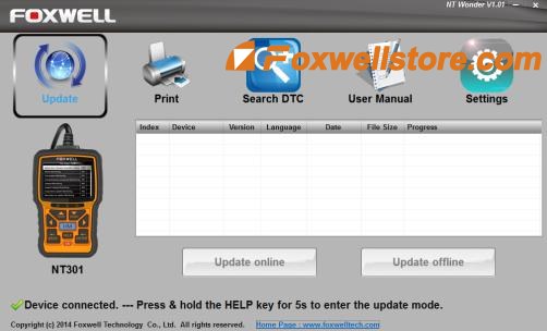 Foxwell NT301 scanner connected to a computer during a software update troubleshooting step