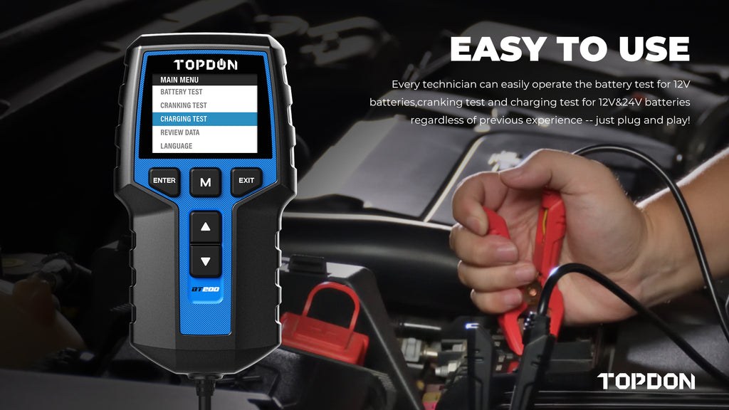 TOPDON BT200 battery tester showing battery trouble status and diagnostic results on a screen