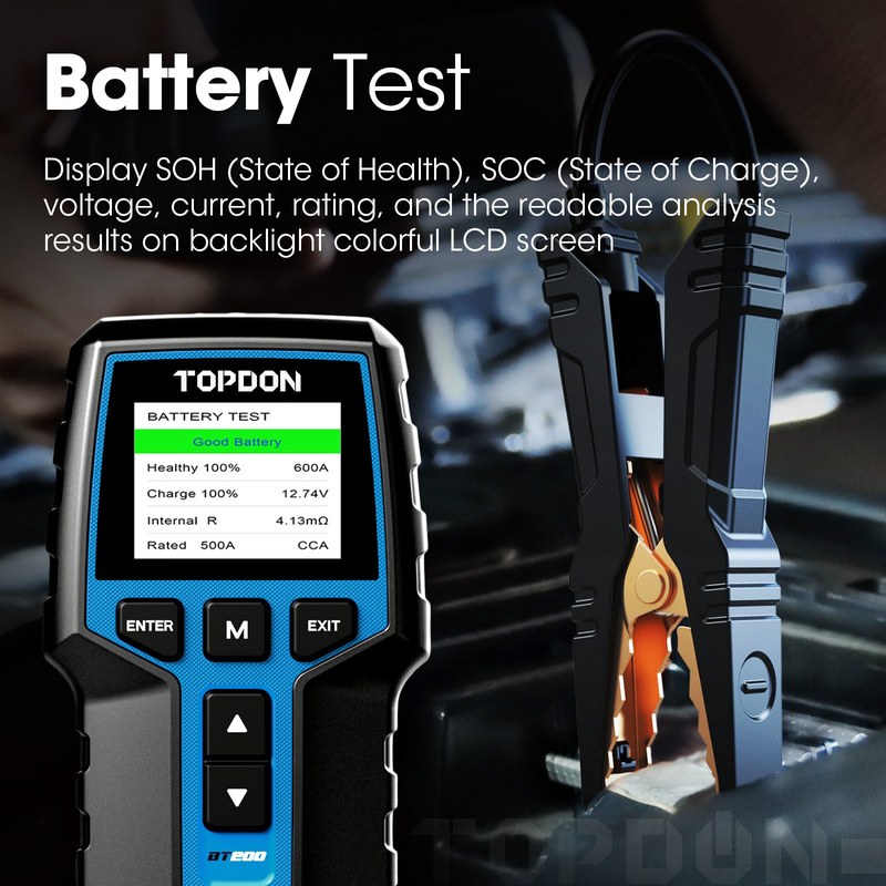 Technician using a TOPDON BT200 battery tester to check a car battery in a garage
