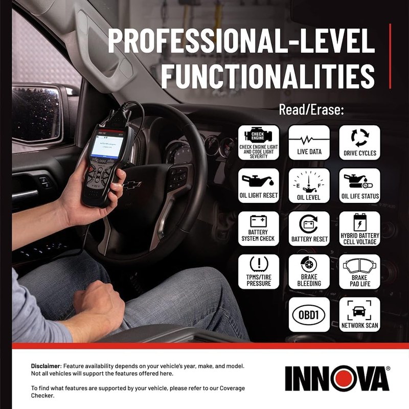 Innova 5610 scan tool connected to a car for reading codes, live data, and bidirectional tests