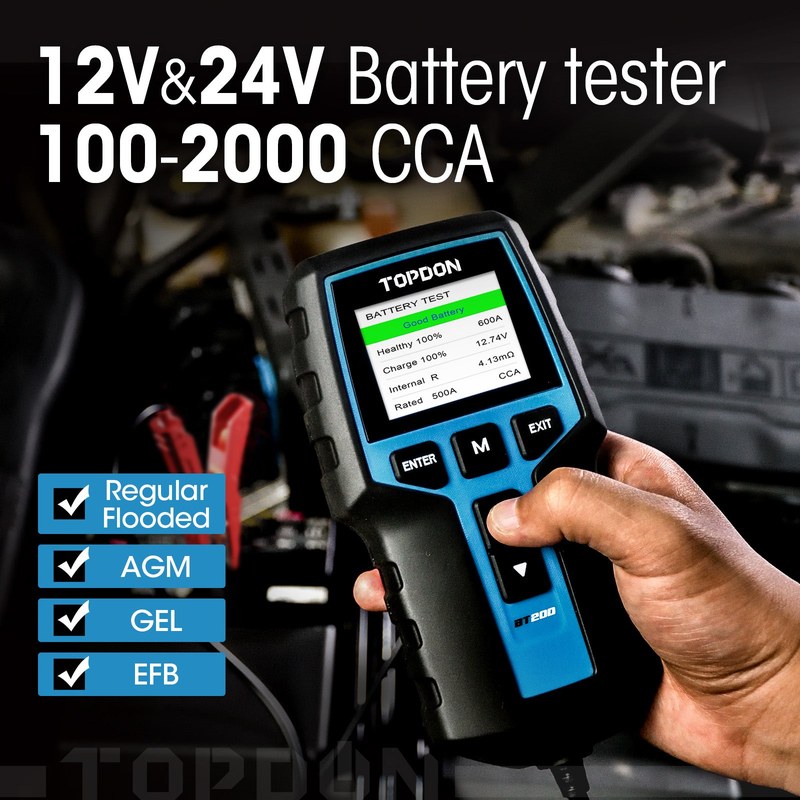 TOPDON BT200 battery tester connected to a car battery for a voltage and charging check