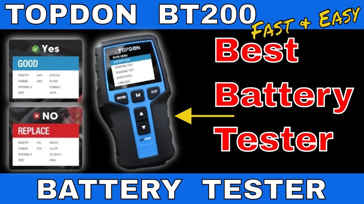 TOPDON BT200 battery tester workflow showing battery, cranking, and charging system checks