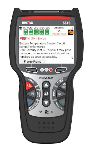 Innova 5610 scanner connected to an OBD2 port, showing power and battery diagnostics context