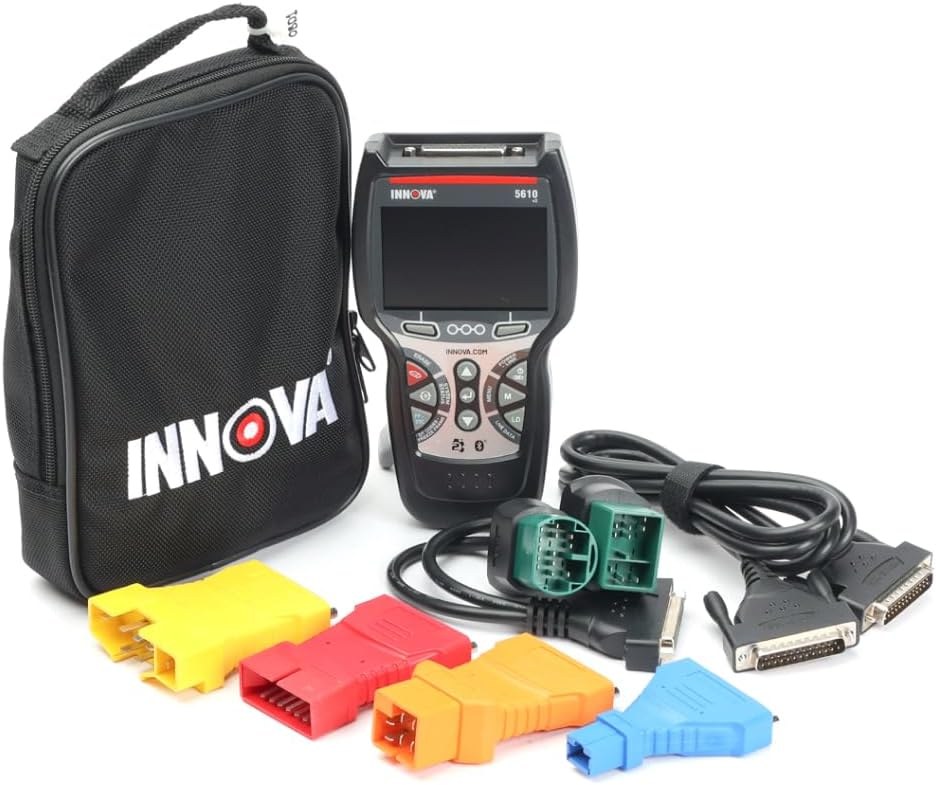 Innova 5610 scan tool connected to a vehicle OBD2 port, showing power and ignition setup
