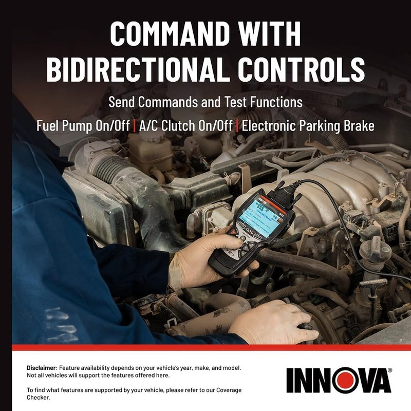 Handheld Innova 5610 scanner showing diagnostic mode selection on a car dashboard