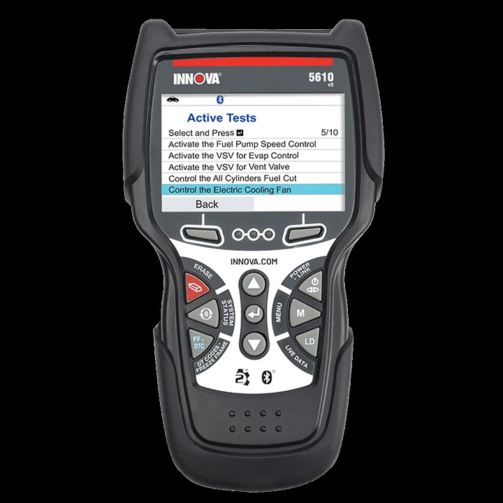 Innova 5610 scan tool shown with display and control buttons for OBD2 diagnostics