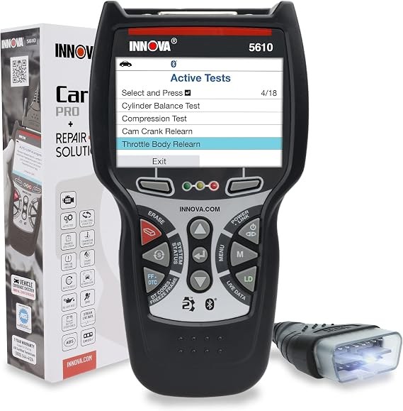 Innova 5610 V2 scanner showing live data, code reading, and repair guidance features