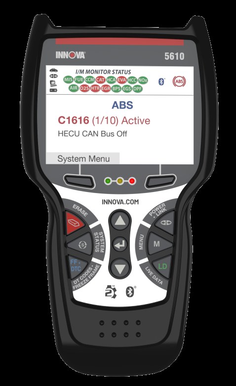 Innova 5610 V3 OBD2 scanner displaying diagnostic code coverage and live data on a handheld screen