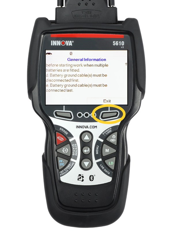 Technician checks power, battery, and electrical safety before using an Innova 5610 diagnostic tool