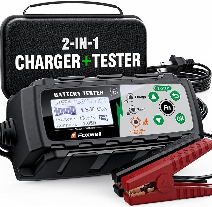 FOXWELL BC521 2-in-1 battery charger and tester for 12V batteries
