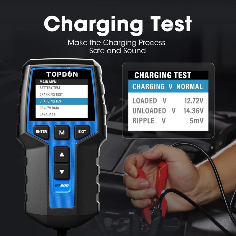 TOPDON BT200 battery tester connected to a car battery for battery, charging, and starting-system checks