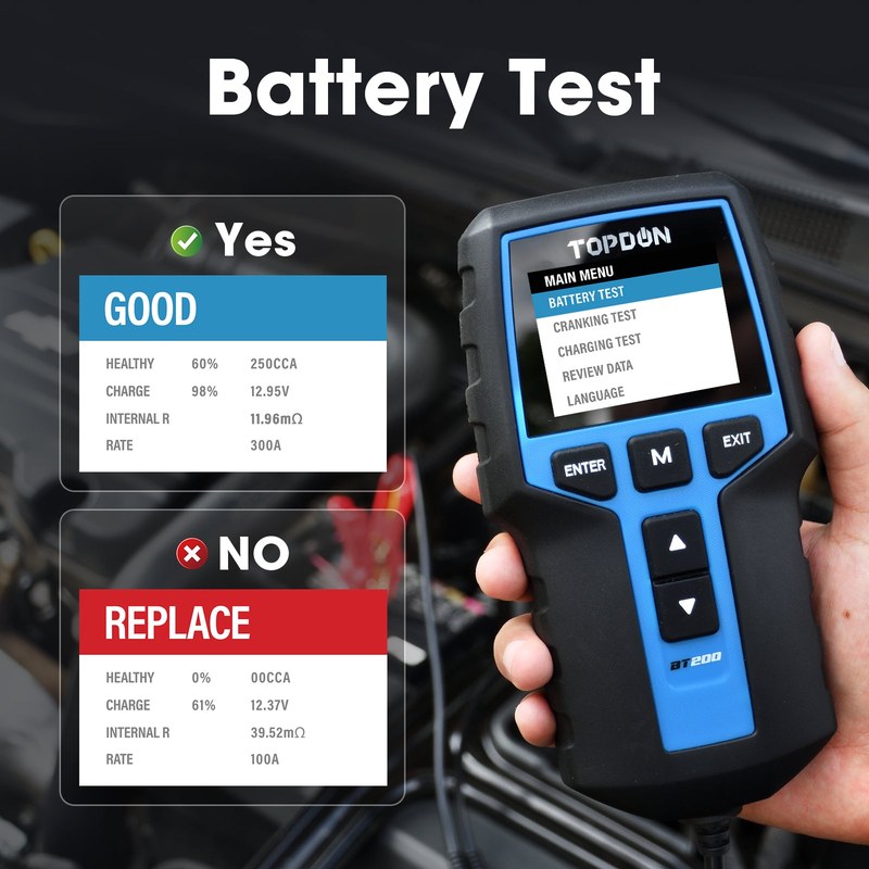 TOPDON BT200 battery tester screen showing battery test results and status indicators