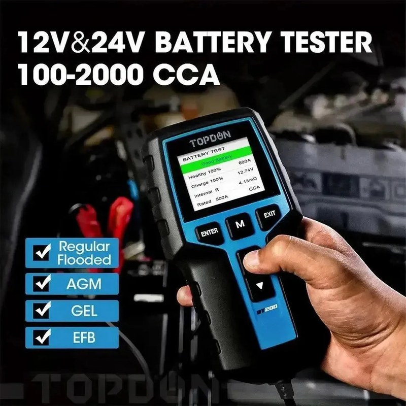 TOPDON BT200 battery tester displayed with warranty information for 2026 buyers