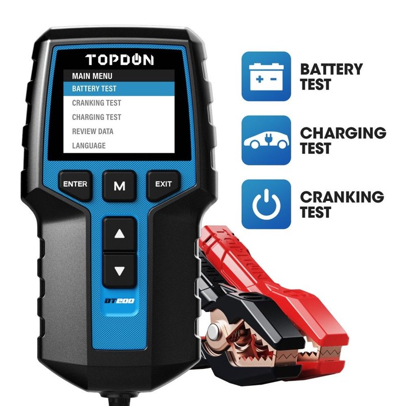 TOPDON BT200 battery tester showing battery health, cranking, and charging system test results