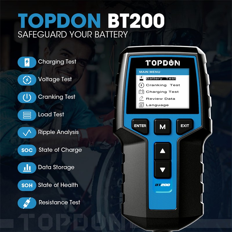 Technician connecting a TOPDON BT200 battery tester to a car battery with a phone app nearby