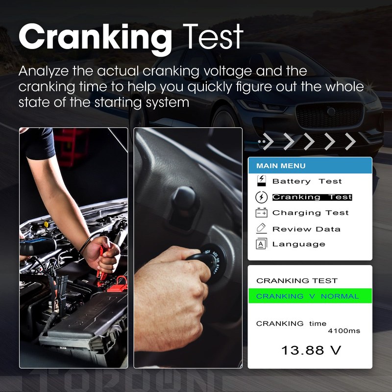 Compatibility guide showing vehicle types, battery types, OBD2 coverage, and app requirements for BT200 testing
