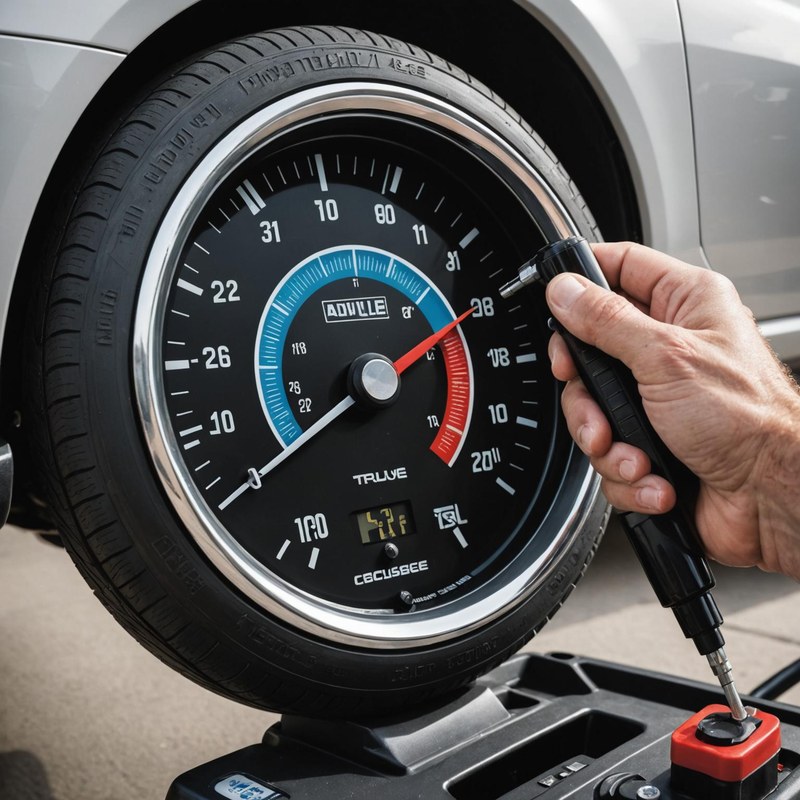 Digital and analog tire pressure gauges beside a car tire for checking inflation accuracy