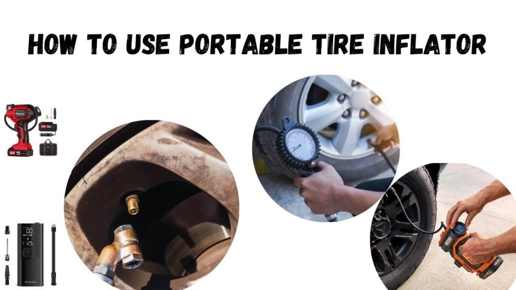 Driver attaches a portable tire inflator hose to a car tire valve while checking pressure gauge