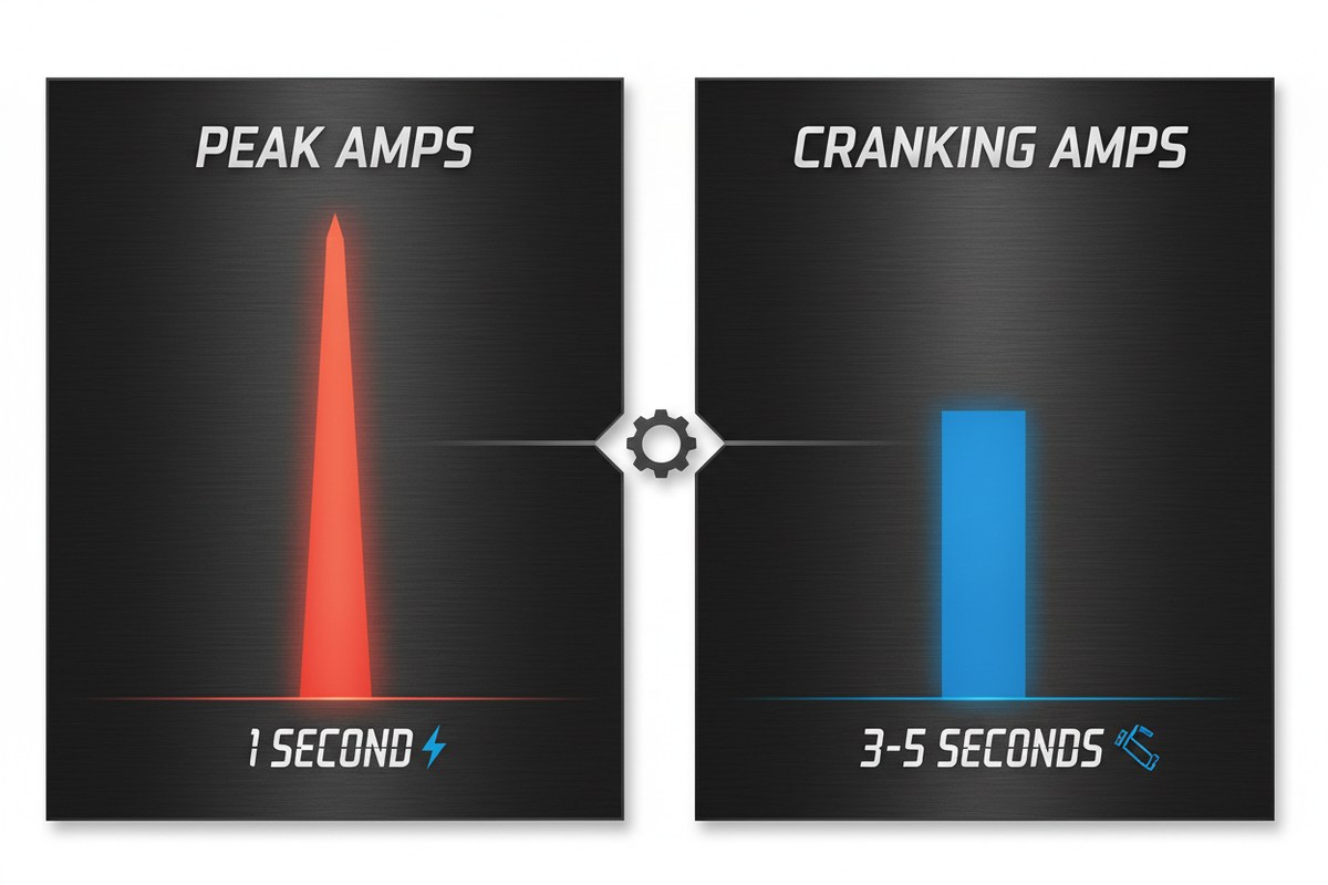 Diagram explaining peak amps, cranking amps, and starting current for safe car jump starts
