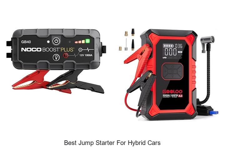 Car battery jump starter and cables beside a vehicle battery, showing voltage and engine-size considerations