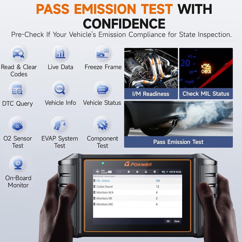 Dashboard check engine light with OBD-II scanner and battery terminal, illustrating code clearing and power loss