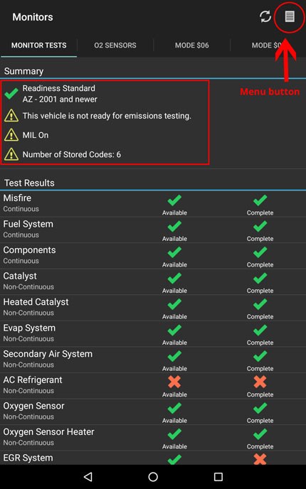 Car dashboard showing check engine light off with OBD2 scanner connected during a readiness drive cycle
