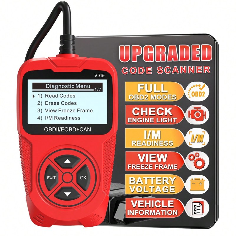 OBD2 scanner displaying permanent and stored trouble codes beside a 2026 vehicle diagnostic port