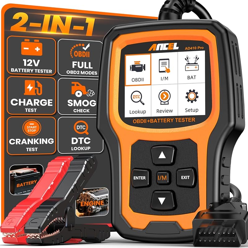 ANCEL AD410 Pro 2-in-1 OBD2 scanner and 12V car battery tester