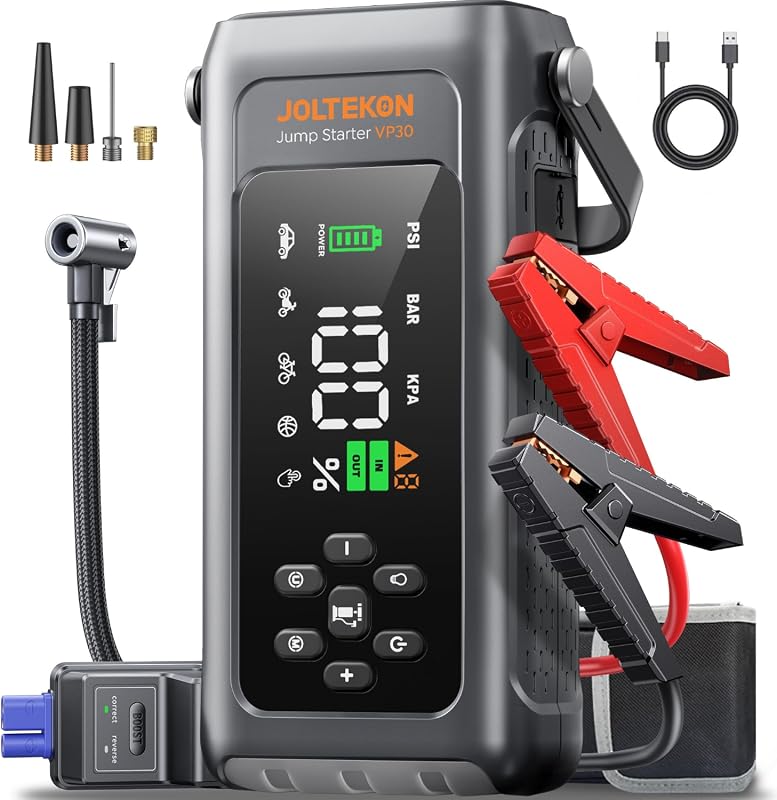 4000A portable car jump starter battery pack with jumper cables and LED light