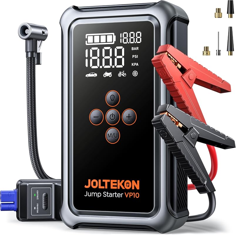 6000A car battery jump starter with 150PSI air compressor auto-shutoff inflator and LED light