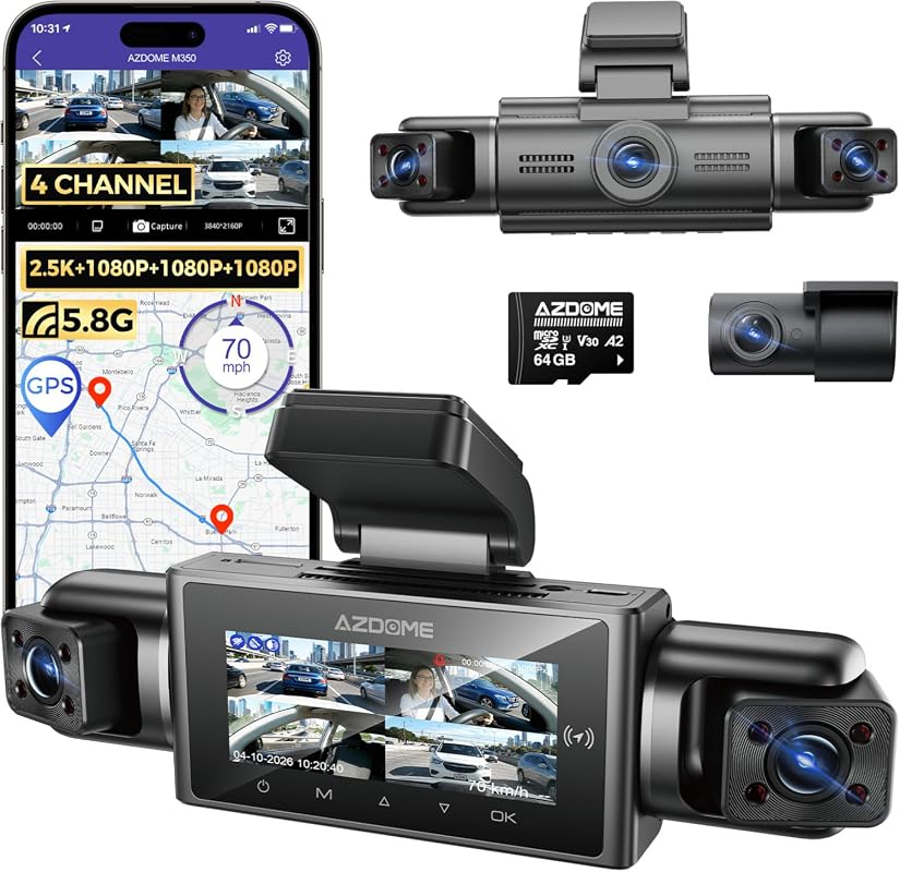 AZDOME M350 four channel 360 degree dash cam with front rear and interior recording