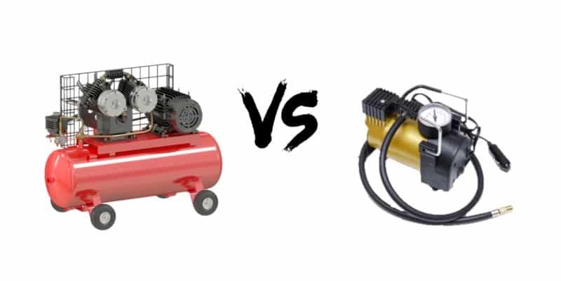 Tire inflator and air compressor side by side for comparing car tire inflation tools