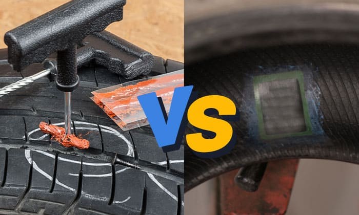 Mechanic inspecting a punctured tire tread to decide between safe repair and tire replacement