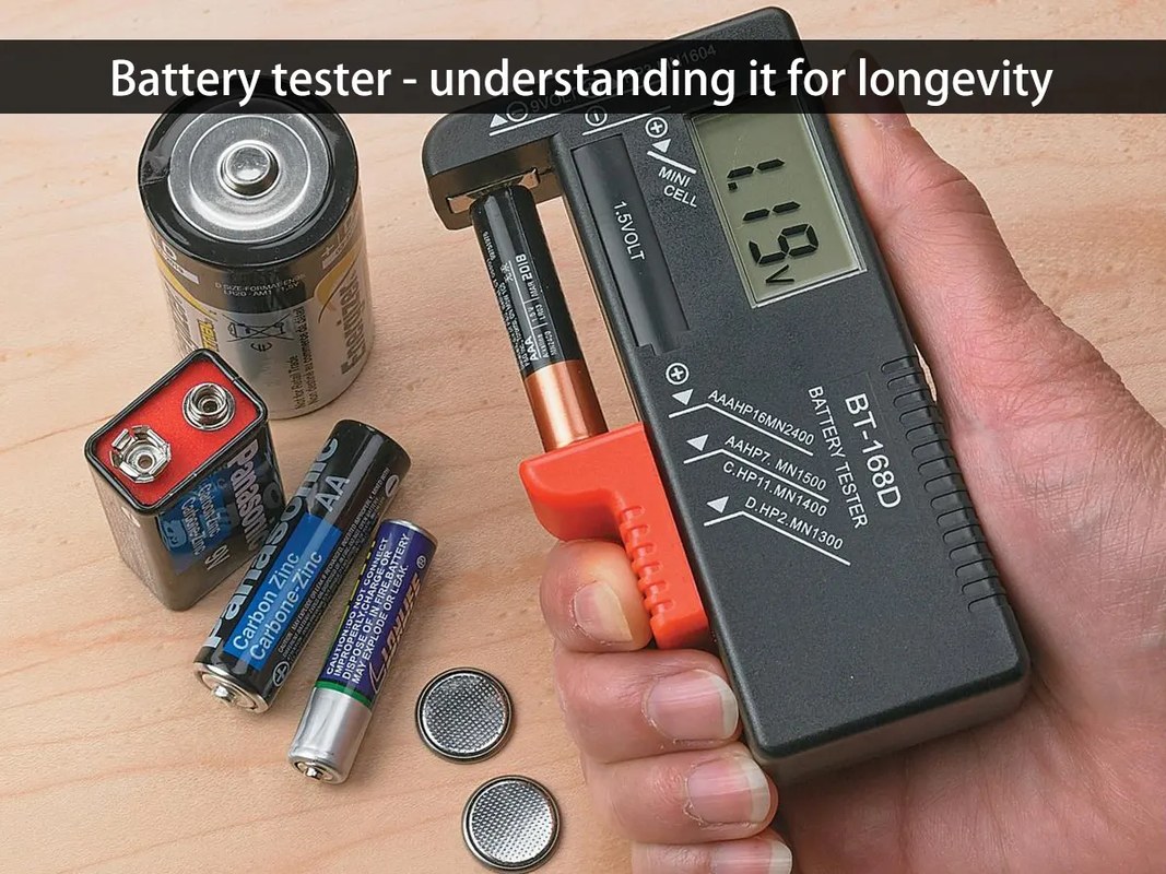 Handheld battery tester connected to a car battery showing voltage and health readings
