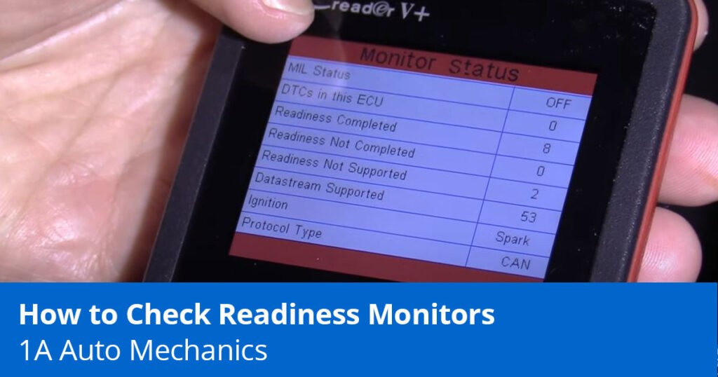 Dashboard diagnostic screen showing emissions readiness monitors status and labels for catalyst, EVAP, oxygen sensor, and mis
