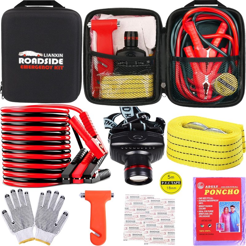 Jump starter, jumper cables, and battery tools arranged for roadside emergency use