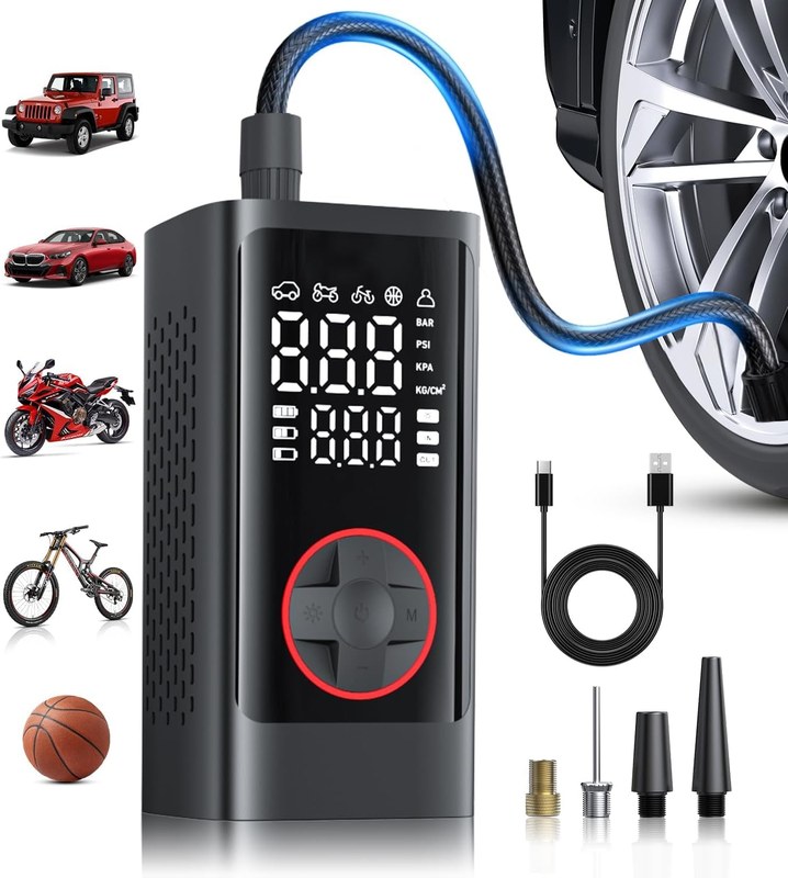 Driver checking a portable tire inflator and tire pressure beside a parked car on a driveway