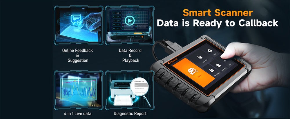 OBD2 scanner plugged into a car diagnostic port with model-year and protocol compatibility chart on screen