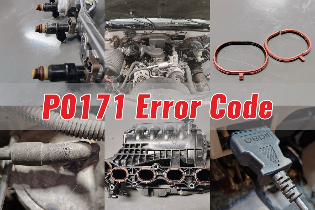 OBD2 scanner screen showing engine trouble codes P0171, P0174, and P0300.