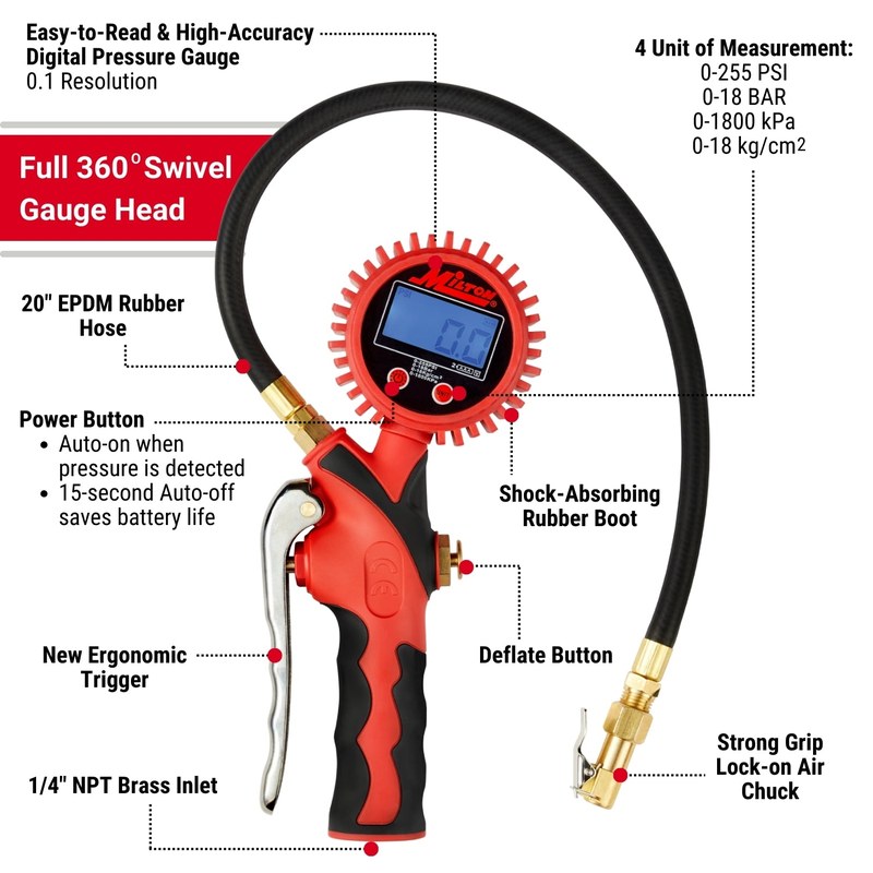 Side-by-side comparison of a portable tire inflator gauge and a professional tire pressure gauge