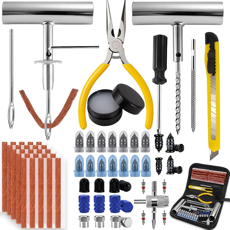 77Pcs Tire Plug Kit Heavy Duty Tire Repair with Rubber Nails and Screw Plugs