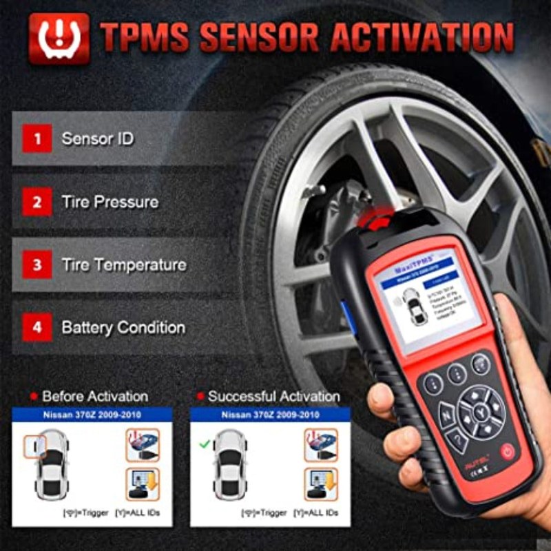 Technician pointing TPMS tool at tire valve to test sensor